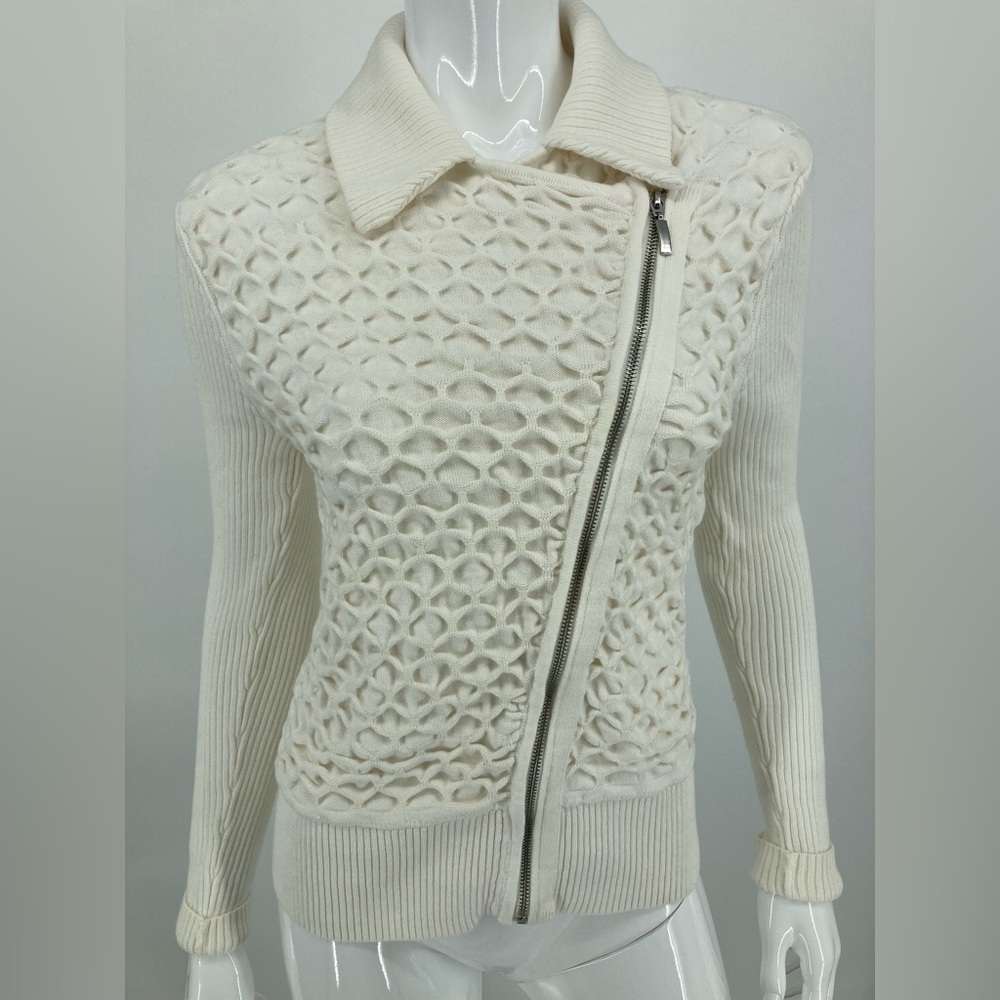 WHBM Classic White Zippered Cotton Sweater Jacket Size L Gently Used